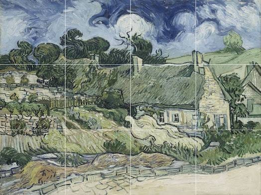 Tile Mural/Mosaic Ceramic Panel of Vincent Van Gogh Thatched Cottages at Cordeville - Van Gogh Wall Print - Tile Mosaic Art - Gloss Tiles
