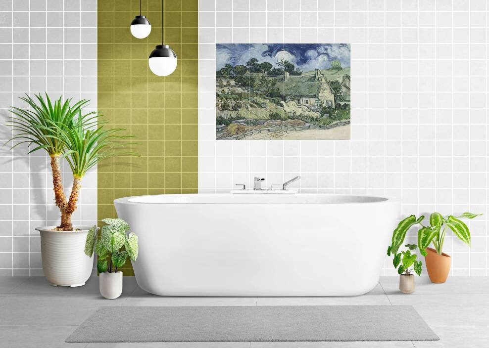 Tile Mural/Mosaic Ceramic Panel of Vincent Van Gogh Thatched Cottages at Cordeville - Van Gogh Wall Print - Tile Mosaic Art - Gloss Tiles