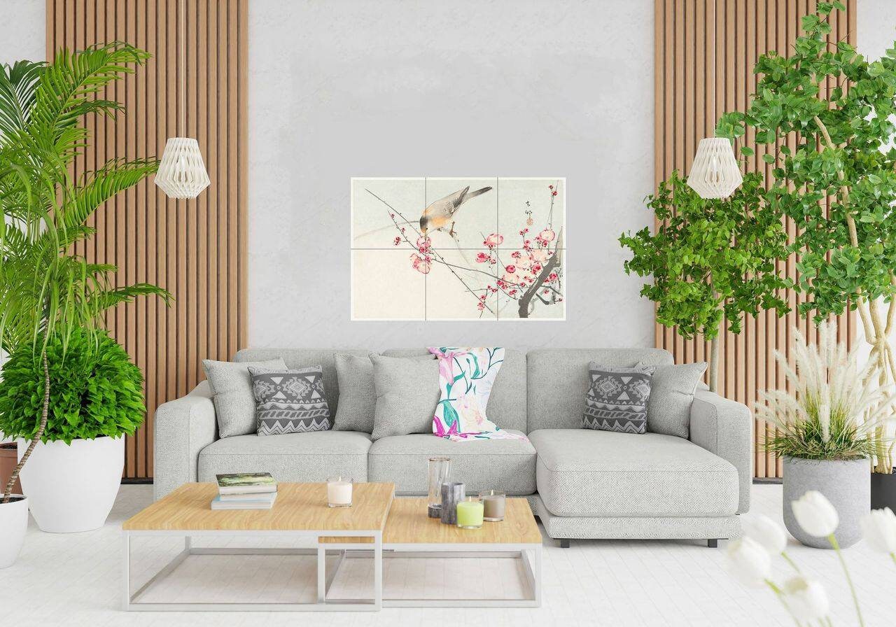 Tile Mural/Mosaic Ceramic Panel of Ohara Koson Songbird on Blossom branch - Ohara Koson print - Koson art -Japanese print - Tile Mosaic Art
