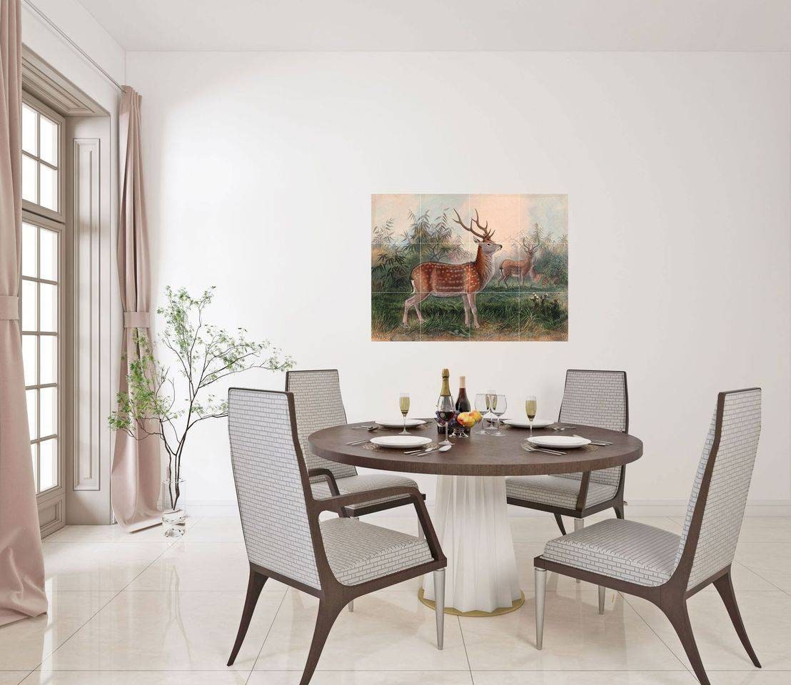 Tile Mural/Mosaic Ceramic Panel of The Formosan Deer - Joseph Wolf - Deer Art Print - Tile Mural Art - Gloss Tiles - Nature Wall Tile Mosaic
