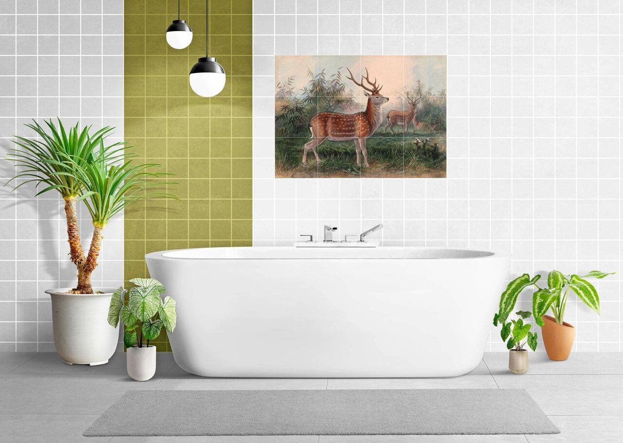 Tile Mural/Mosaic Ceramic Panel of The Formosan Deer - Joseph Wolf - Deer Art Print - Tile Mural Art - Gloss Tiles - Nature Wall Tile Mosaic