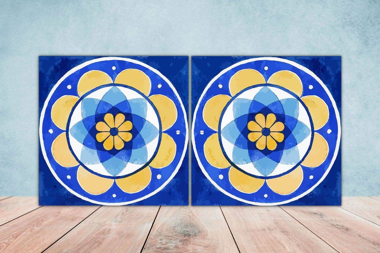 Portuguese Azulejo Tiles - Set of 2 Portuguese Wall Decor Tiles - Kitchen Backsplash Tiles, Table Decorative Tiles, Bathroom Tiles, Coaster