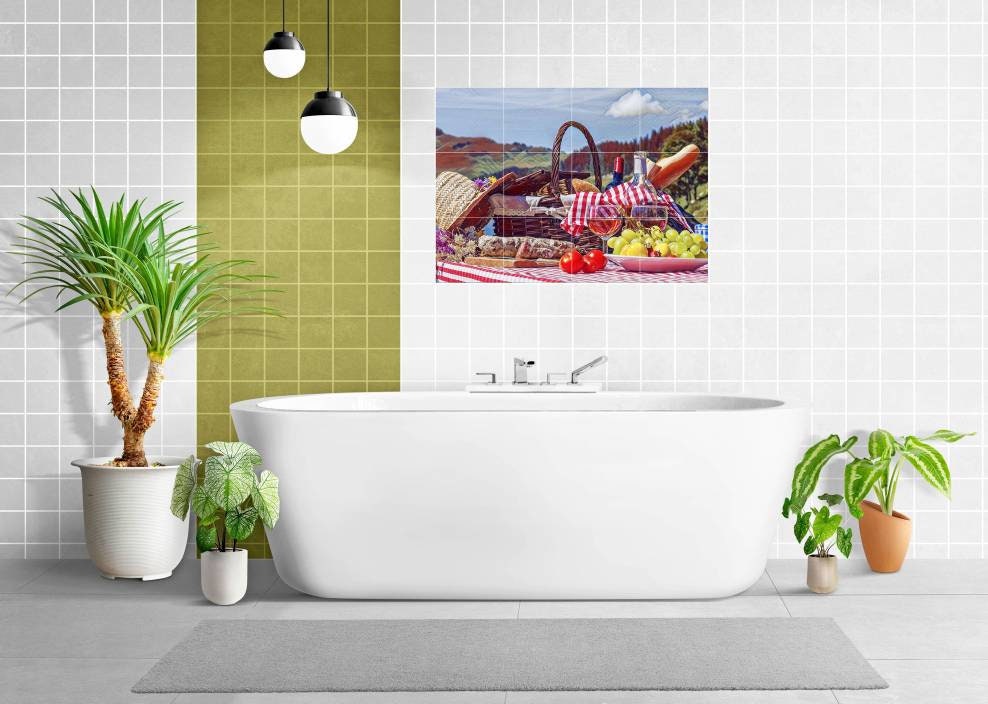 Tile Mural/Mosaic Ceramic Panel of a Wine, bread and fruit basket - Food Wall Art - Fruit wall print- Tile Mural - Gloss Tiles - Tile Mosaic
