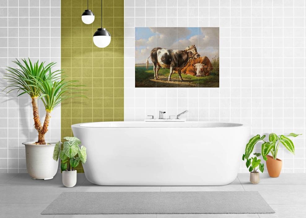 Tile Mural/Mosaic Ceramic Panel of Young Bull and Lying Cow - Albert Verhoesen Print -Cows Print - Tile Cow Mural - Gloss Tiles -Tile Mosaic