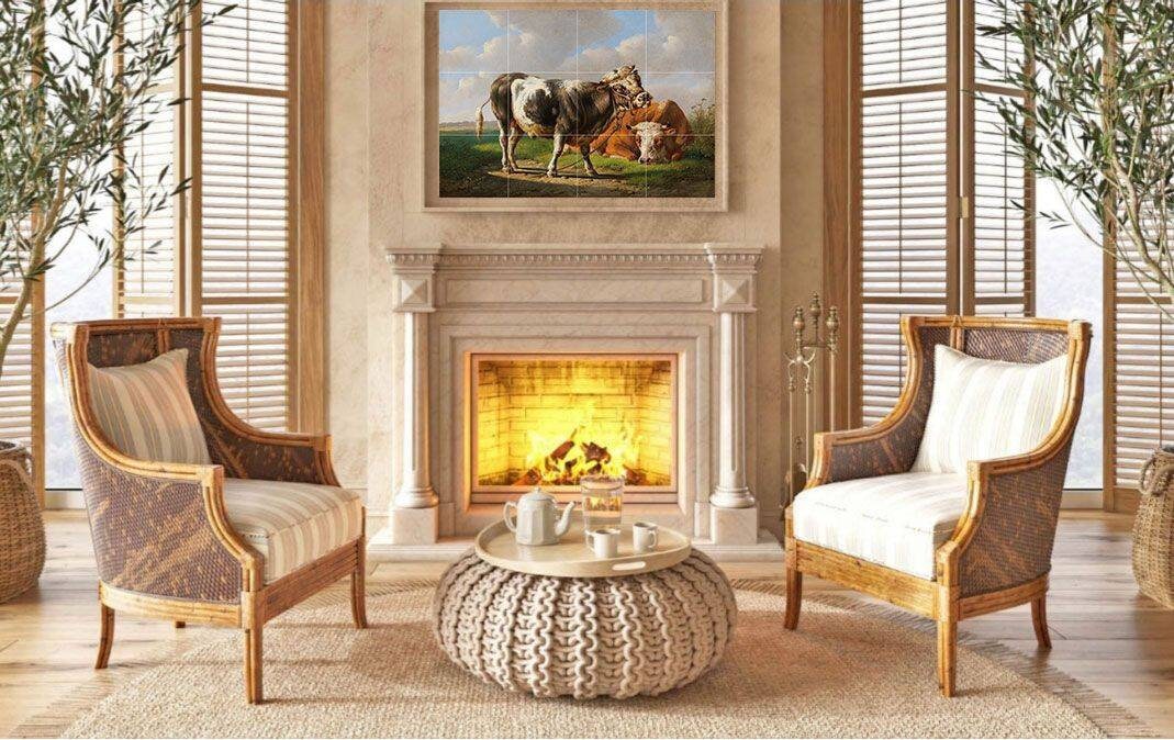 Tile Mural/Mosaic Ceramic Panel of Young Bull and Lying Cow - Albert Verhoesen Print -Cows Print - Tile Cow Mural - Gloss Tiles -Tile Mosaic