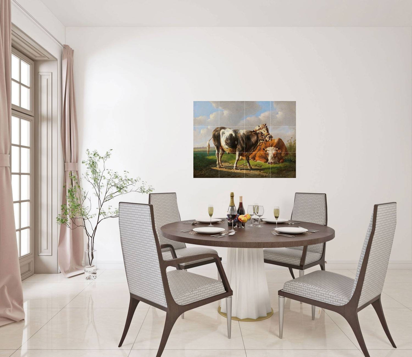 Tile Mural/Mosaic Ceramic Panel of Young Bull and Lying Cow - Albert Verhoesen Print -Cows Print - Tile Cow Mural - Gloss Tiles -Tile Mosaic