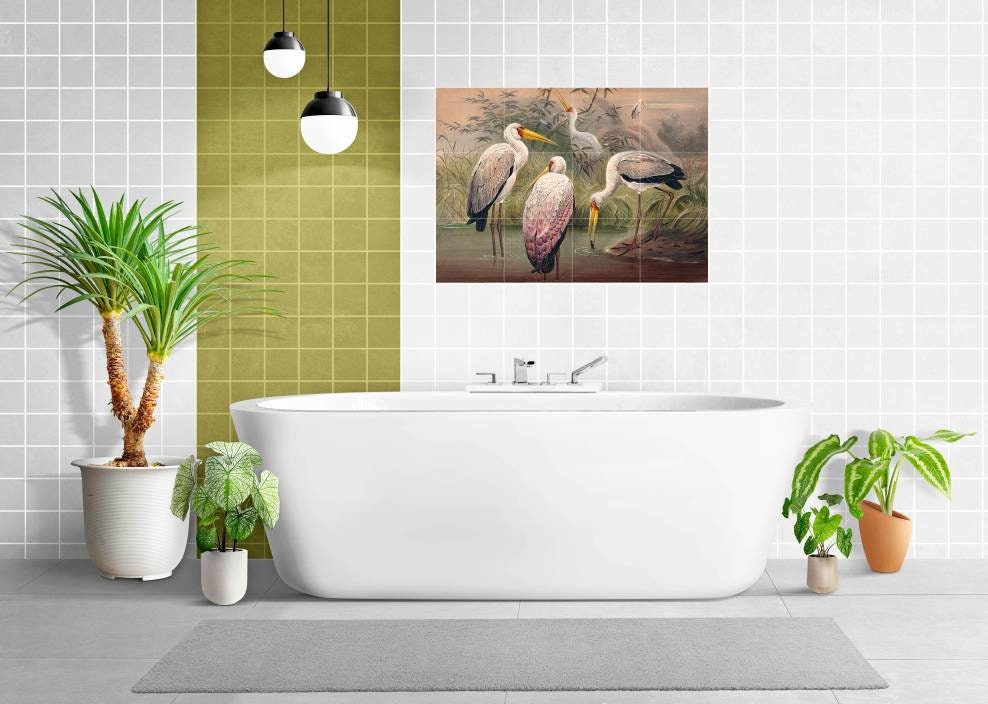 Tile Mural/Mosaic Ceramic Panel of The African Wood Ibis - Joseph Wolf Print - Birds Art Print - Tile Mural - Gloss Tiles - Bird Tile Mosaic