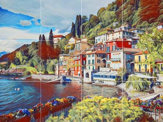 Tile Mural/Mosaic Ceramic Panel of Varenna - Varenna wall print - Lake Como print - Lake Como Mural - Tile Mural - Gloss Tiles - Tile Mosaic