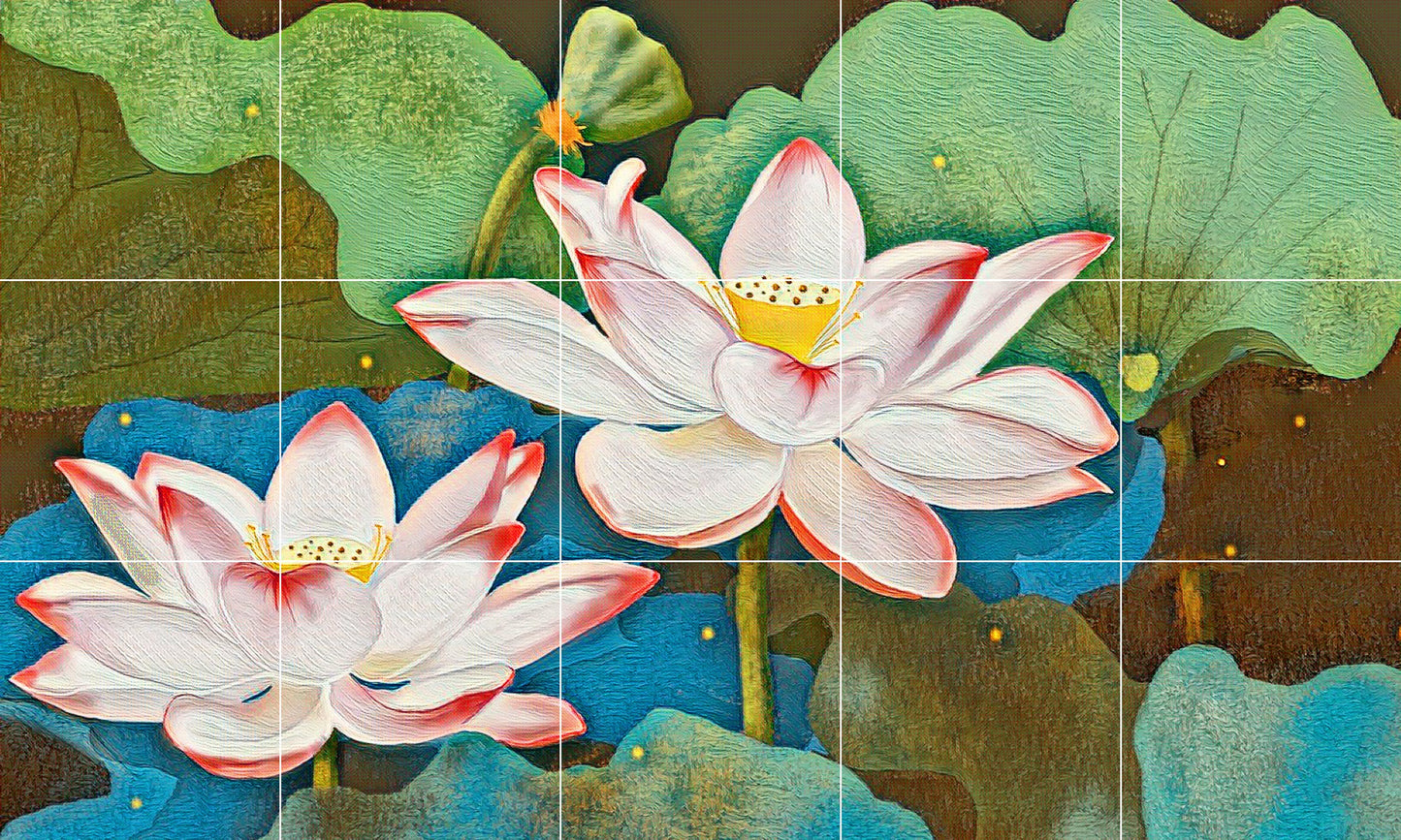 Tile Mural/Mosaic Ceramic Panel of Lotus Flowers - Lotus Flower Mural - Colourful Wall Art - Tile Mural - Gloss Tiles - Tile Mosaic