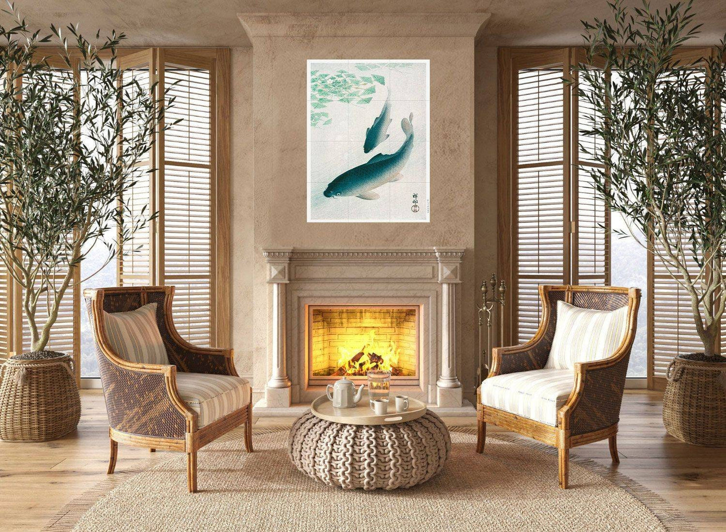 Tile Mural/Mosaic Ceramic Panel of a Koi or Carp - Ohara Koson - Japanese Mural -Japan Tile Mural - Fish Mosaic - Gloss Tiles - Tile Mosaic