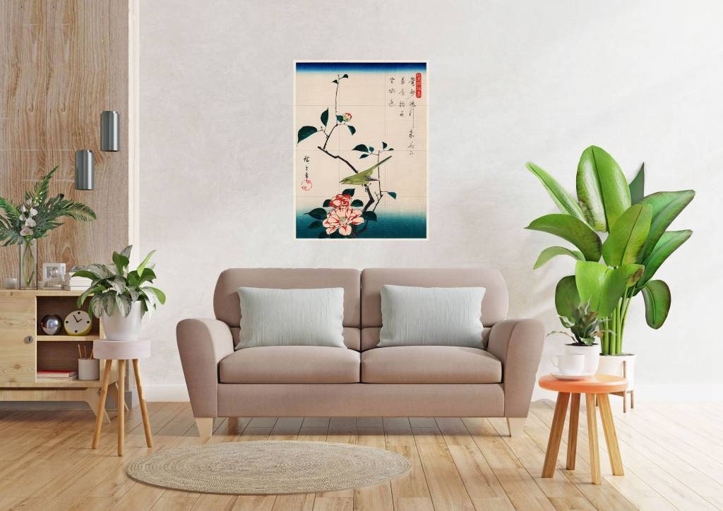 Tile Mural/Mosaic Ceramic Panel of Utagawa Hiroshige Camellia and Nightingale - Bird Mural Art -Japanese print - Gloss Tiles - Tile Mosaic