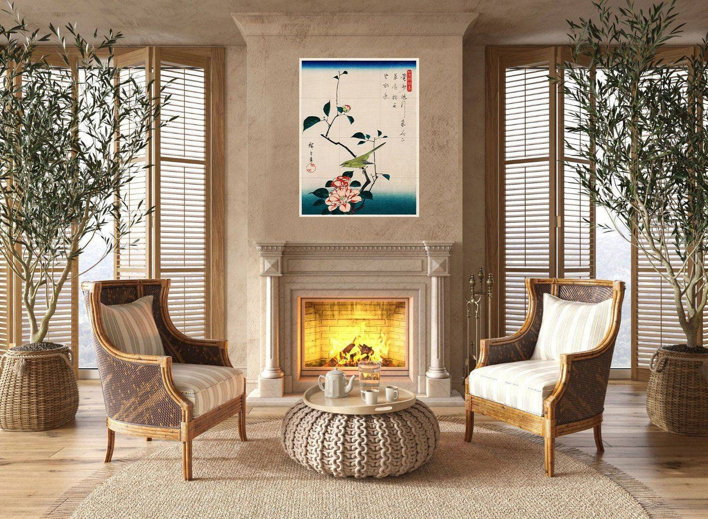 Tile Mural/Mosaic Ceramic Panel of Utagawa Hiroshige Camellia and Nightingale - Bird Mural Art -Japanese print - Gloss Tiles - Tile Mosaic