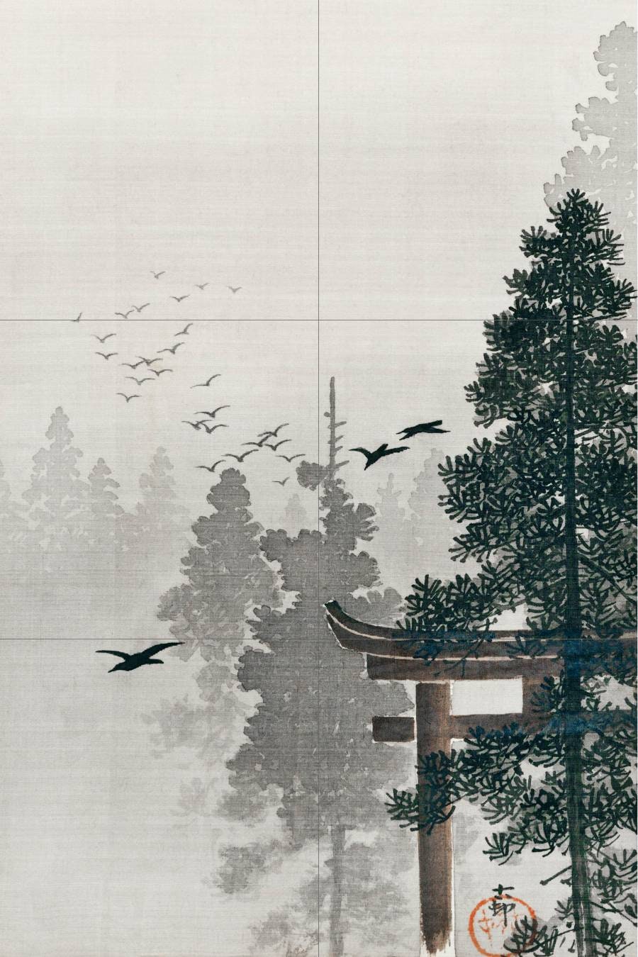 Tile Mural/Mosaic Ceramic Panel of Ohara Koson Flock of Birds and a Torii Gate - Japanese Mural -Birds wall print- Gloss Tiles - Tile Mosaic