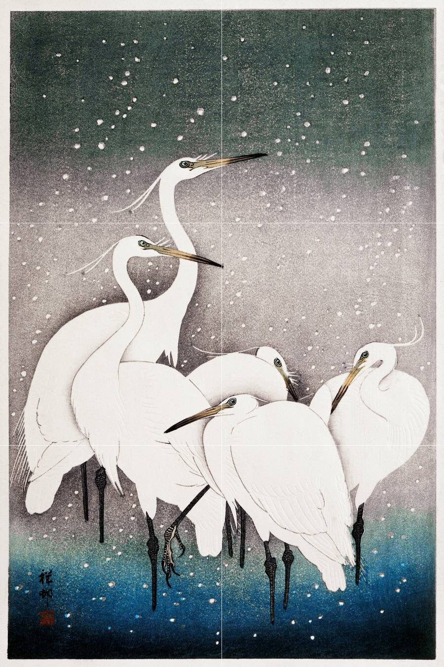 Tile Mural/Mosaic Ceramic Panel of Group of Egrets - Ohara Koson - Japanese print - Birds Mosaic - Egrets print - Birds Mural - Tile Mosaic