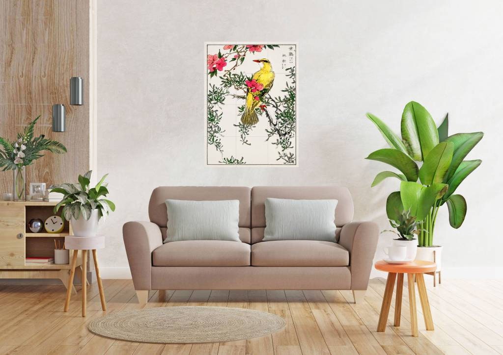 Tile Mural/Mosaic Ceramic Panel of Numata Kashu Chinese Bush-Warbler - Bush warbler print - Numata Kashu wall print - Bird Art Tile Mosaic