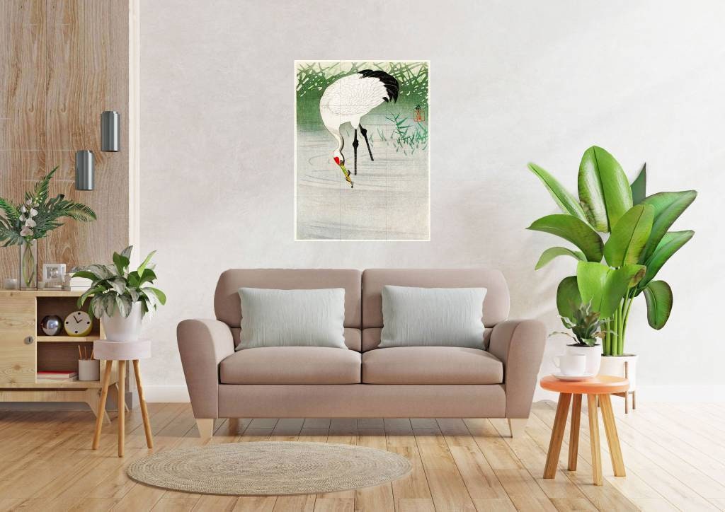 Tile Mural/Mosaic Ceramic Panel of Ohara Koson Fishing Crane in Shallow Water -Ohara Koson wall print -Crane print- Gloss Tiles -Tile Mosaic