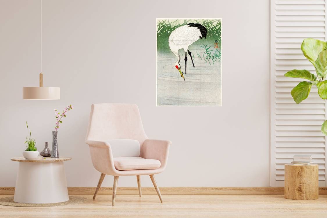 Tile Mural/Mosaic Ceramic Panel of Ohara Koson Fishing Crane in Shallow Water -Ohara Koson wall print -Crane print- Gloss Tiles -Tile Mosaic