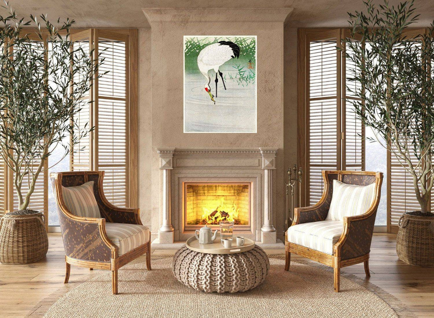 Tile Mural/Mosaic Ceramic Panel of Ohara Koson Fishing Crane in Shallow Water -Ohara Koson wall print -Crane print- Gloss Tiles -Tile Mosaic