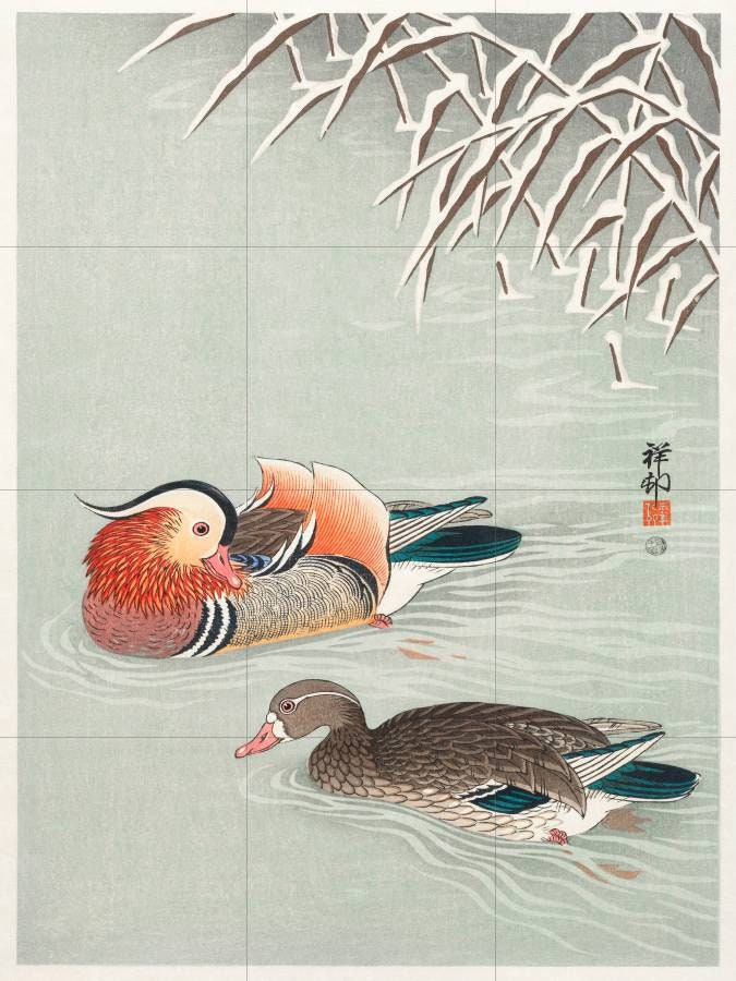 Tile Mural/Mosaic Ceramic Panel of Mandarin Ducks - Ohara Koson Art- Japanese Mural - Birds Mosaic - Gloss Tiles - Birds Mural - Tile Mosaic