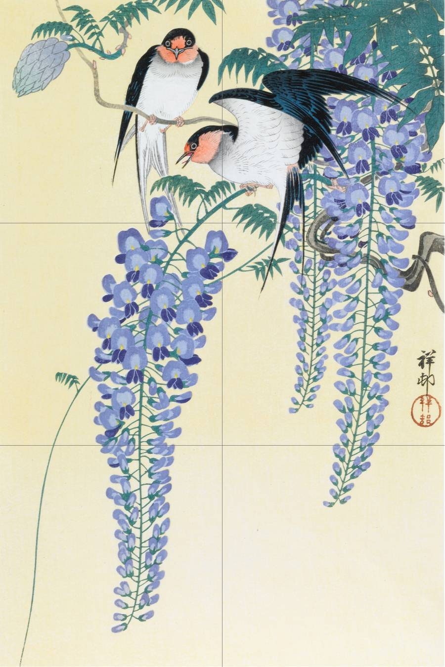 Tile Mural/Mosaic Ceramic Panel of Swallows and Wisteria - Ohara Koson Art-Japanese Mural -Birds Mosaic -Gloss Tiles-Birds Mural-Tile Mosaic