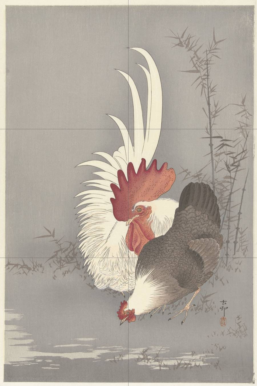 Tile Mural/Mosaic Ceramic Panel of Rooster and Chicken -Ohara Koson -Japanese Mural-Bird Mosaic -Gloss Tiles -Countryside Mural -Tile Mosaic