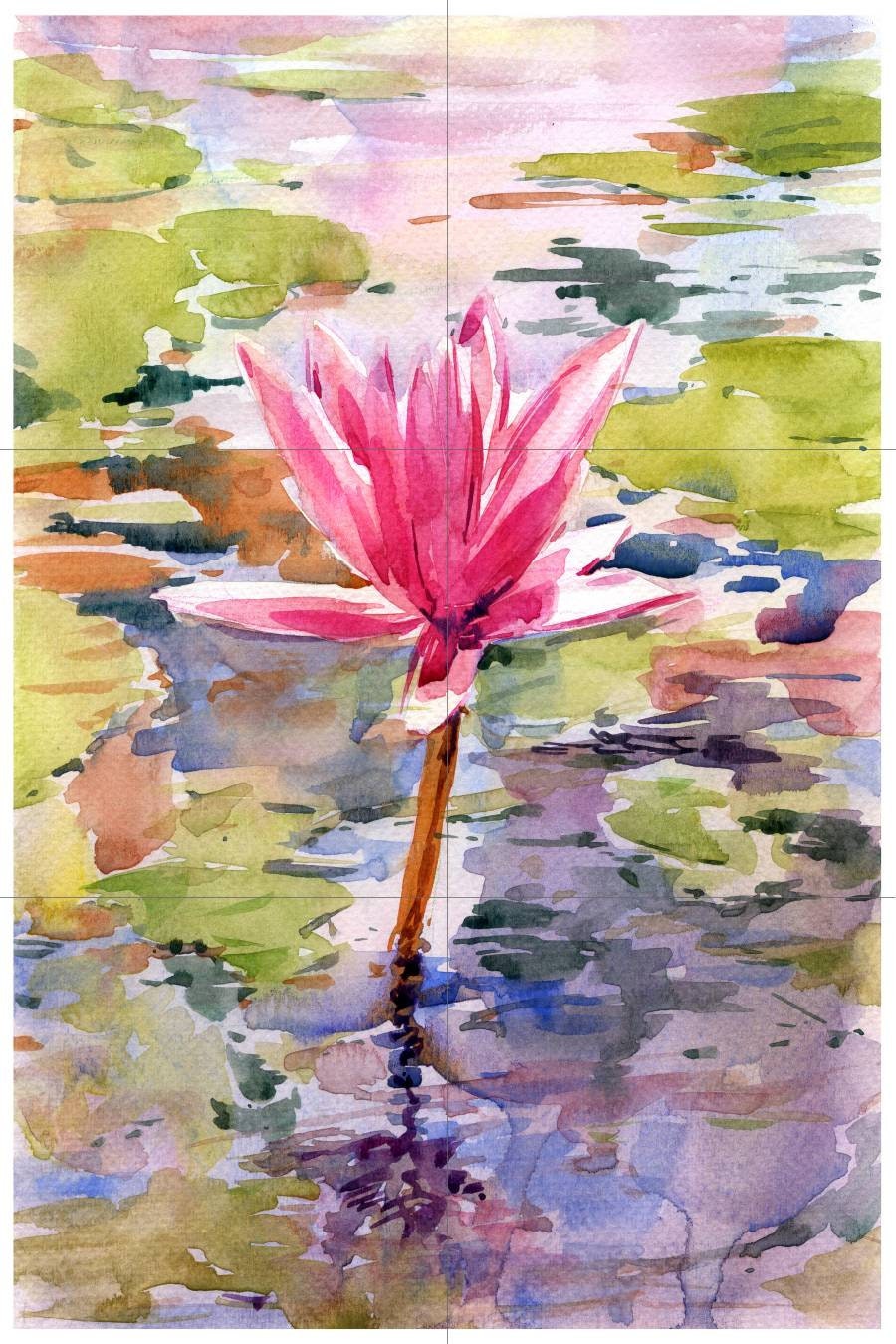 Tile Mural/Mosaic Ceramic of Lotus Flower Watercolor - Landscape Mural - Flower Wall Art - Floral Tile Mural - Gloss Tiles - Tile Mosaic