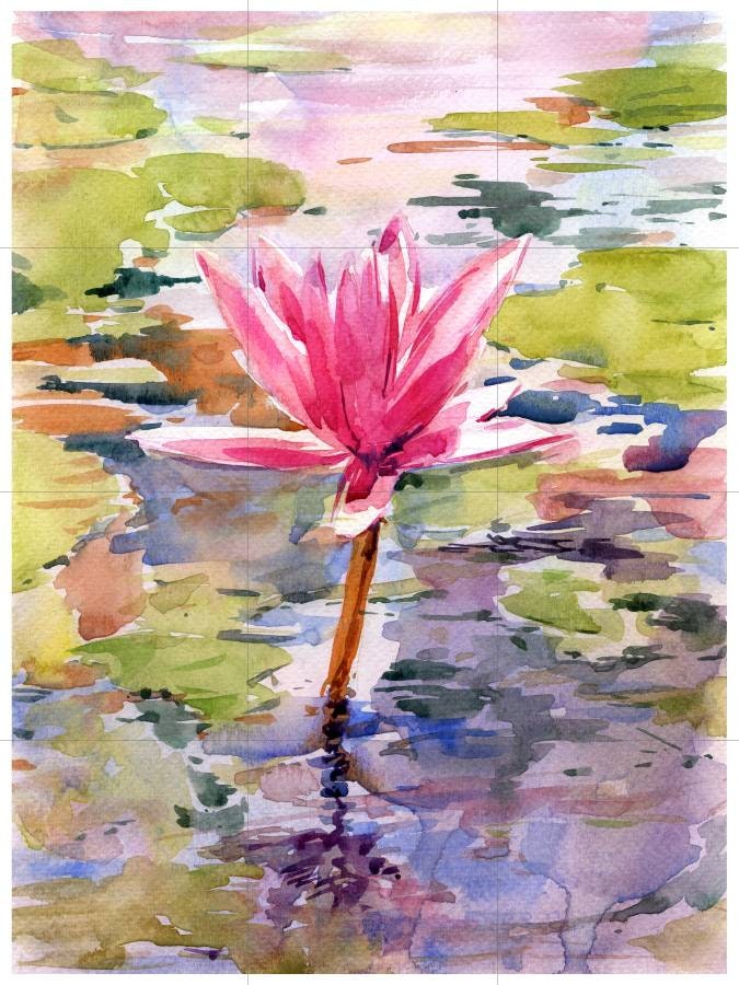 Tile Mural/Mosaic Ceramic of Lotus Flower Watercolor - Landscape Mural - Flower Wall Art - Floral Tile Mural - Gloss Tiles - Tile Mosaic