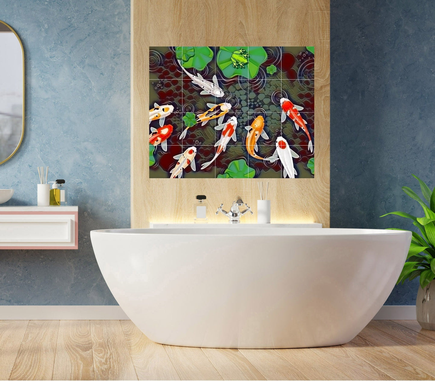 Tile Mural/Mosaic Ceramic Panel of Japanese Koi fish and pond - Japanese Art - Koi Fish wall print - Tile Mural - Gloss Tiles - Tile Mosaic