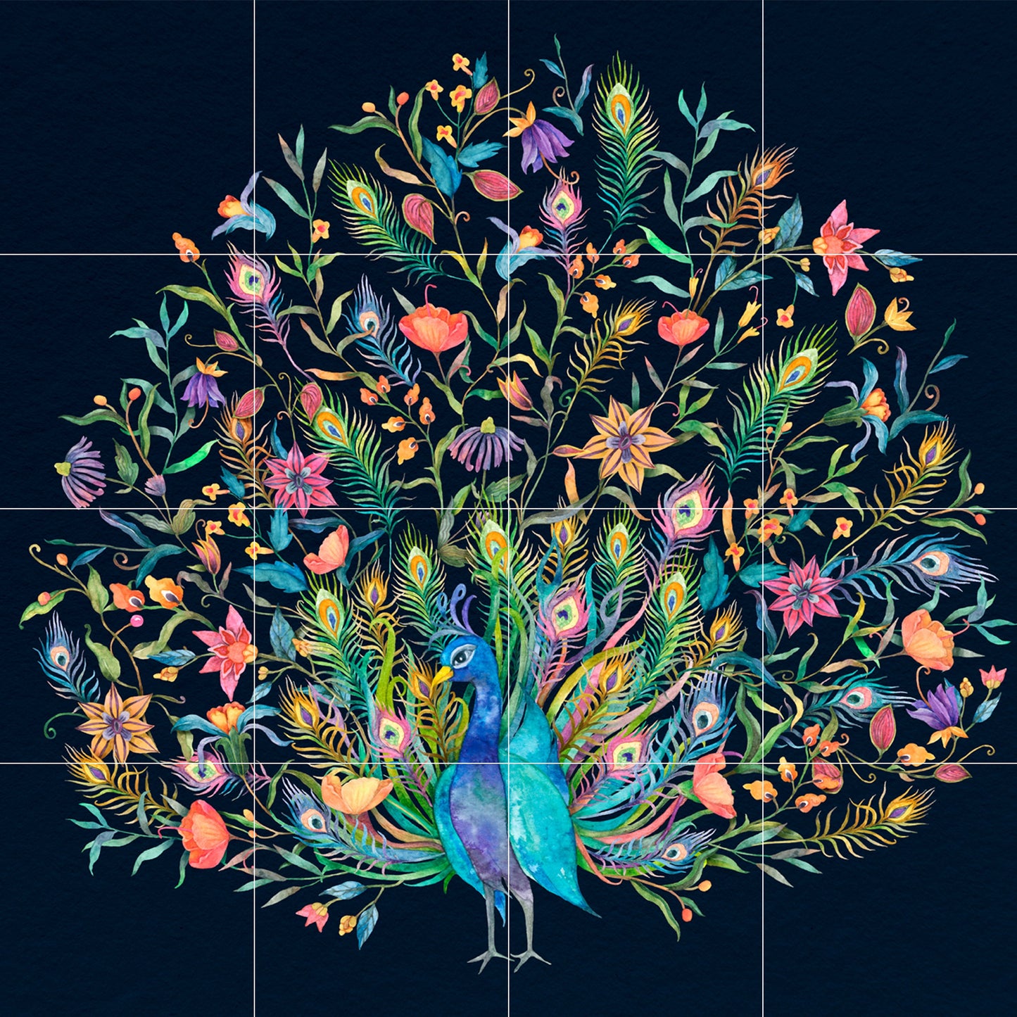 Tile Mural/Mosaic Ceramic Panel of a Peacock and flowers - Peacock Wall Art - Peacock wall print - Tile Mural - Gloss Tiles - Tile Mosaic