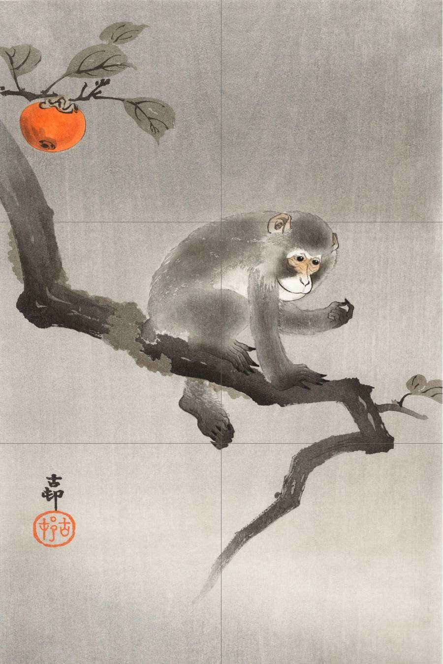 Tile Mural/Mosaic Ceramic Panel of Ohara Koson Monkey in Kaki Tree - Japanese Art - Ohara Koson print - Monkey wall print - Tile Mosaic