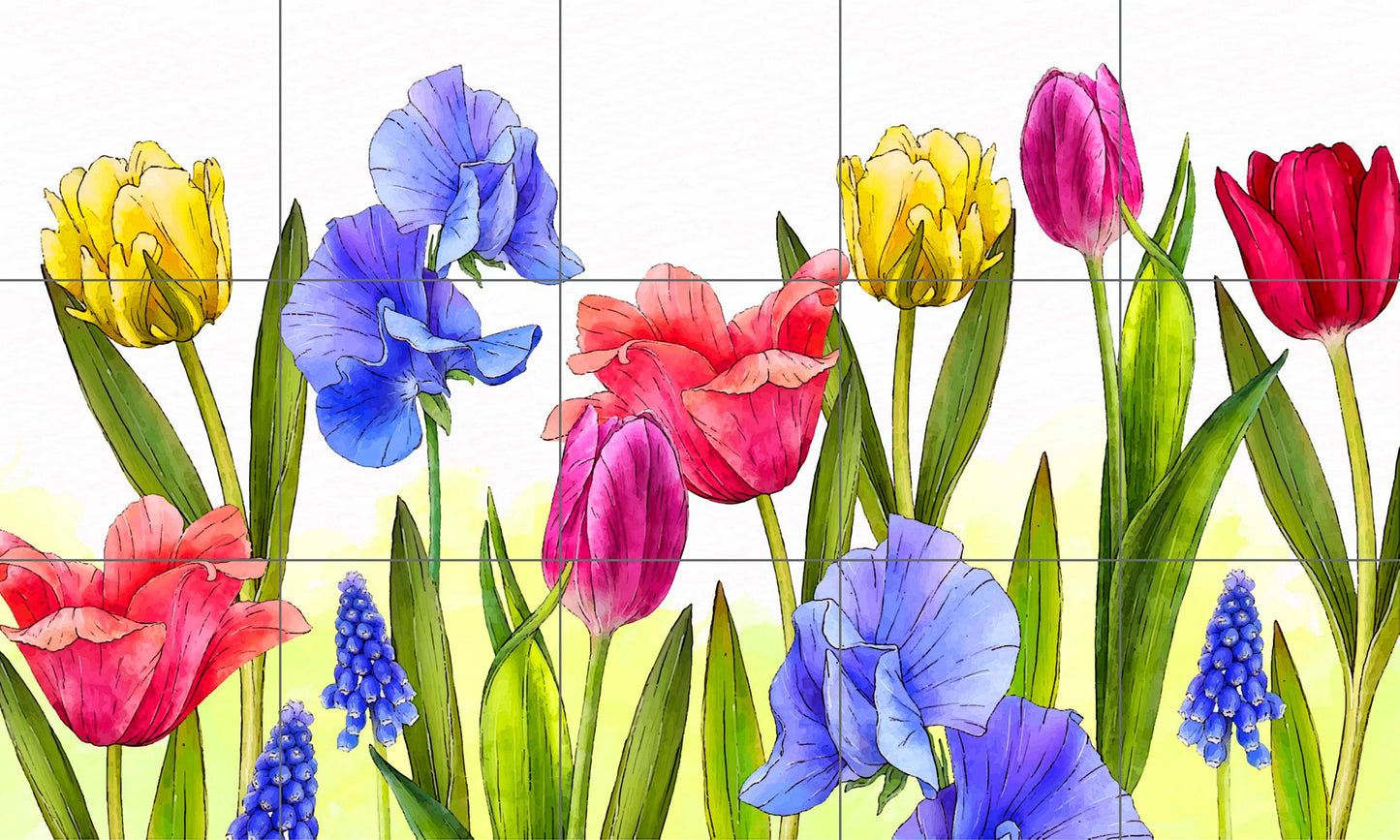 Tile Mural/Mosaic Ceramic Panel of Irises and Tulip Flowers - Flowers wall print - Tulips wall print -Gloss Tiles - Tile Mosaic - wall tiles