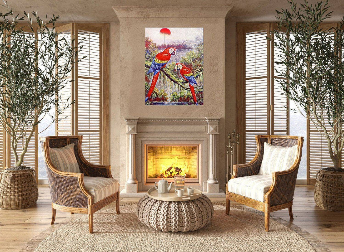 Tile Mural/Mosaic Ceramic Panel of Parrots in the jungle - Parrtos wall print - Tropical nature print - Tile Mural -Gloss Tiles -Tile Mosaic