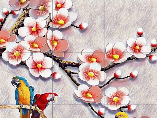 Tile Mural/Mosaic Ceramic Panel of Parrot and Flowers - Parrot Wall Nature Art - Tile Mural - Gloss Tiles - Tile Mosaic, Kitchen Mural