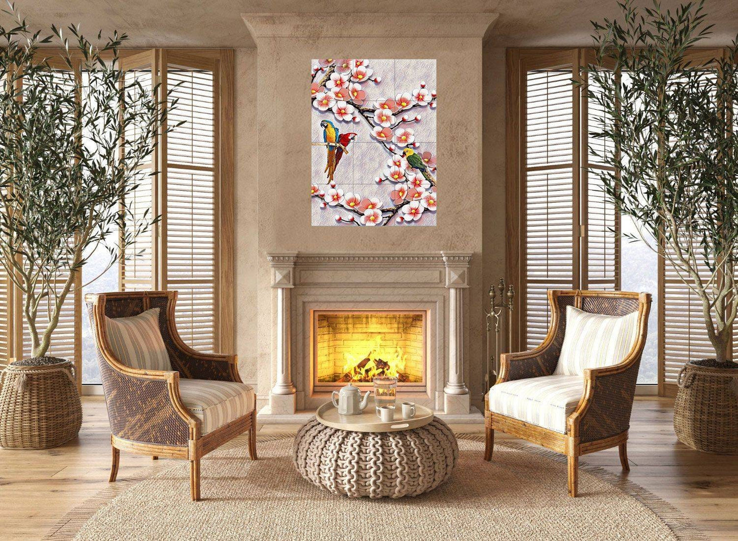 Tile Mural/Mosaic Ceramic Panel of Parrot and Flowers - Parrot Wall Nature Art - Tile Mural - Gloss Tiles - Tile Mosaic, Kitchen Mural
