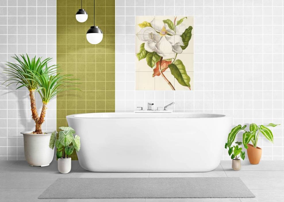 Tile Mural/Mosaic Ceramic Panel of Dionysius Ehret Magnolia - Vintage Botanica print - Magnolia print - Tile Mosaic - Floral Tile Mural