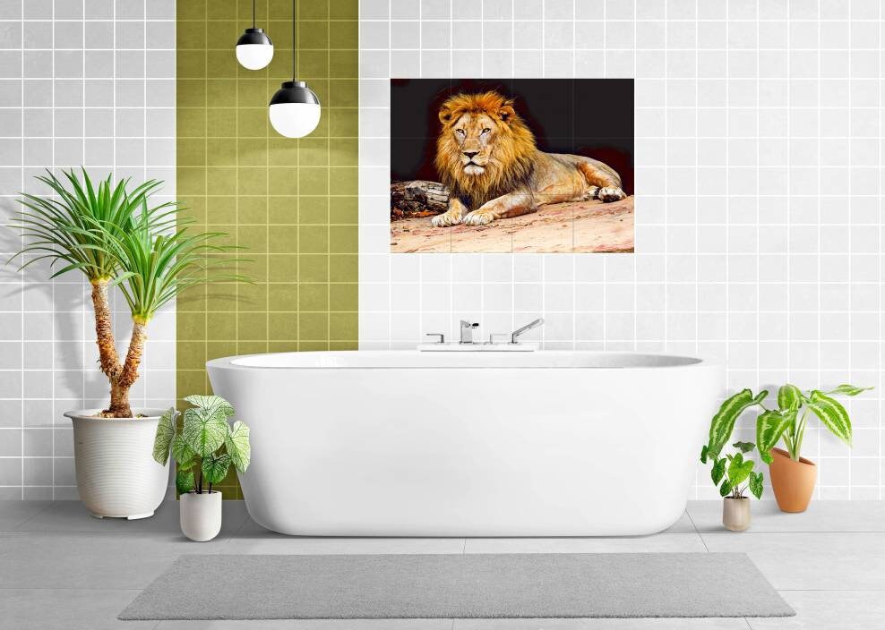 Tile Mural/Mosaic Ceramic Panel of a Lion - Lion wall print - Wildlife wall print - Tile Mural - Gloss Tiles - Tile Mosaic - Nature art