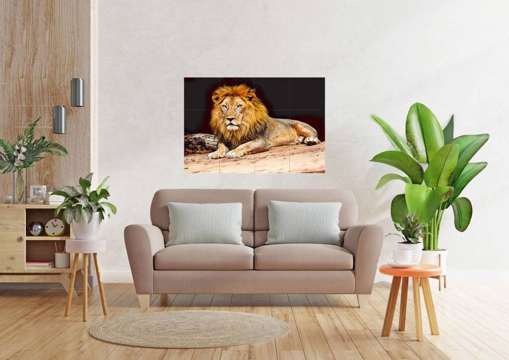 Tile Mural/Mosaic Ceramic Panel of a Lion - Lion wall print - Wildlife wall print - Tile Mural - Gloss Tiles - Tile Mosaic - Nature art
