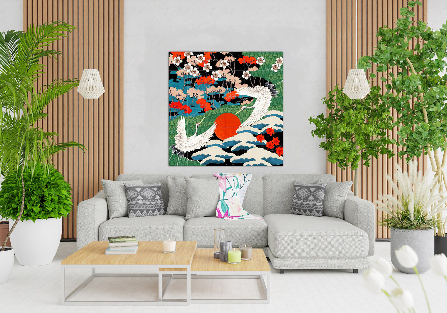 Tile Mural/Mosaic Ceramic Panel of Japanese Cranes - Japanese Cranes wall print - Japanese print - Tile Mural - Gloss Tiles - Tile Mosaic