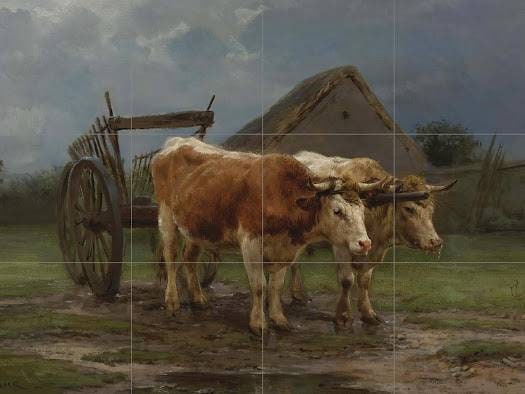 Tile Mural/Mosaic Ceramic Panel of Rosa Bonheur Oxen Pulling A Cart - Cow wall print - Countryside Tile Mural - Gloss Tiles -Cow Tile Mosaic