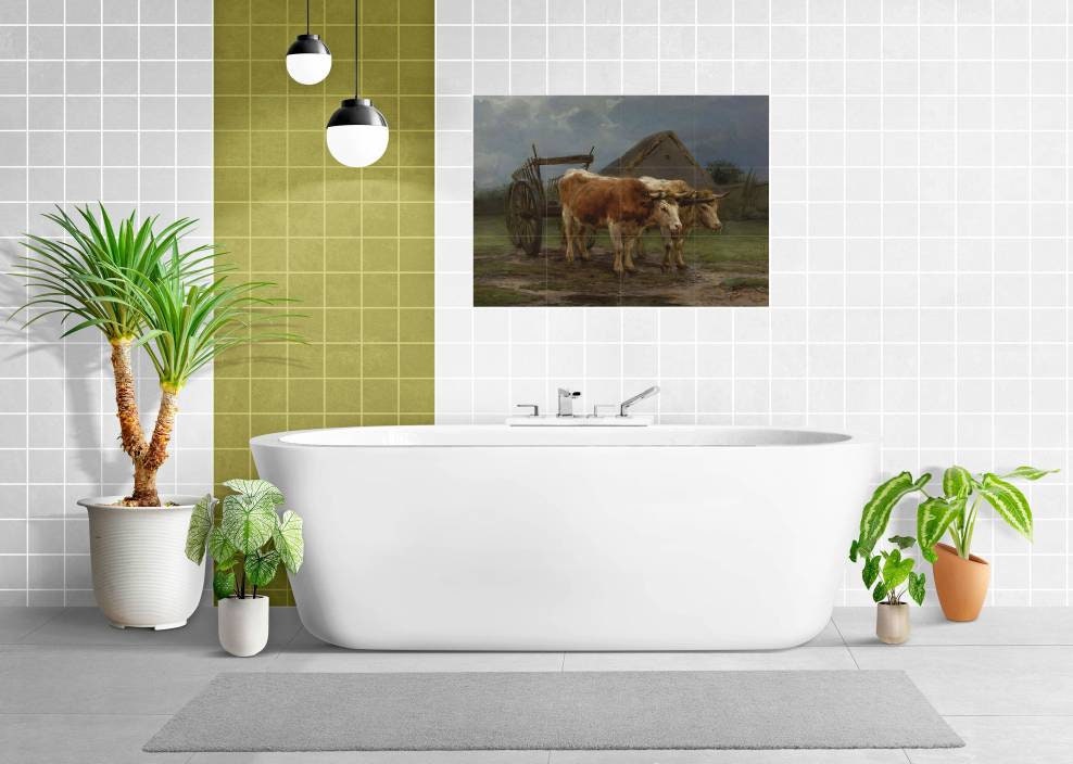 Tile Mural/Mosaic Ceramic Panel of Rosa Bonheur Oxen Pulling A Cart - Cow wall print - Countryside Tile Mural - Gloss Tiles -Cow Tile Mosaic