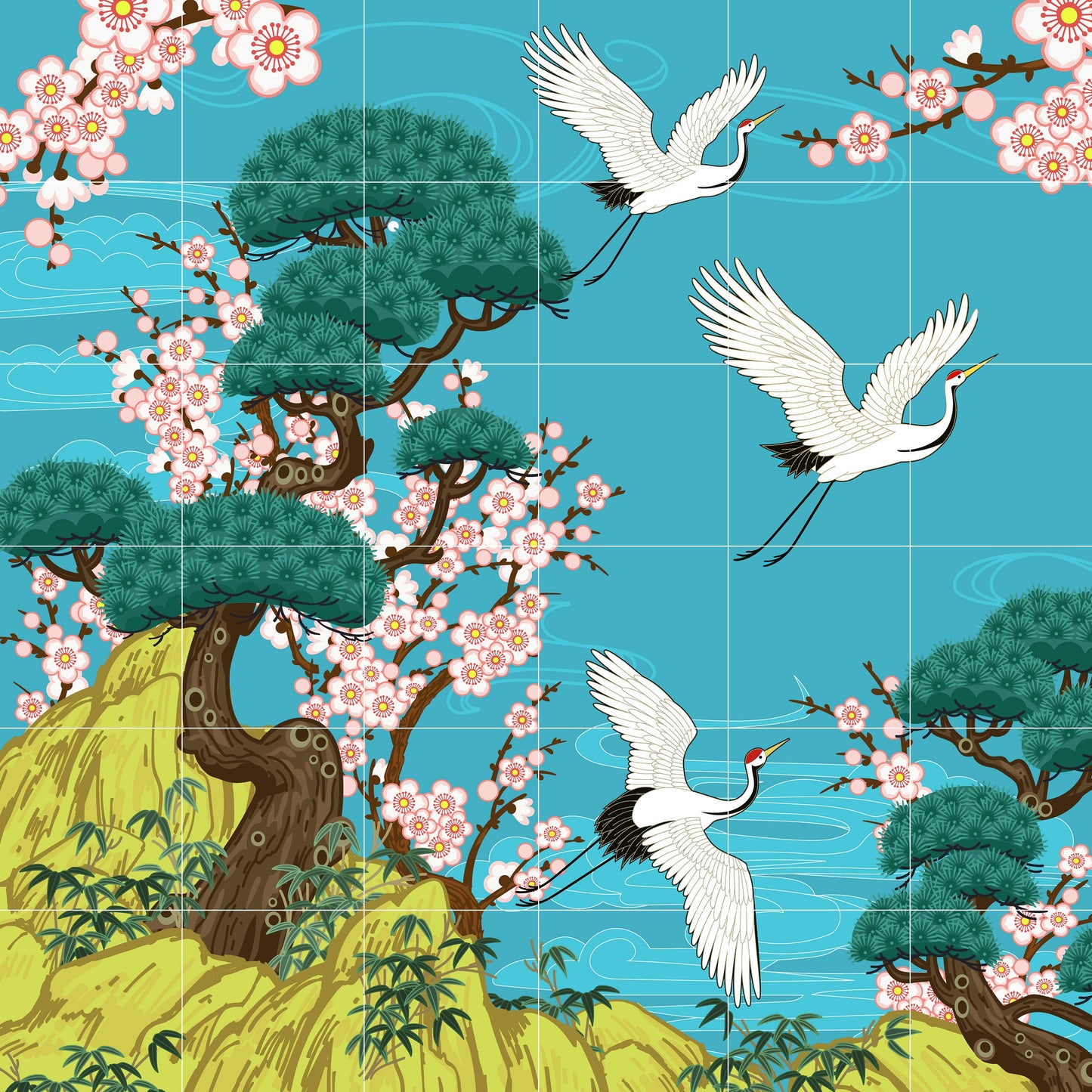 Tile Mural/Mosaic Ceramic Panel of Japanese Cranes - Japanese Cranes wall print - Cranes wall print Tile Mural - Gloss Tiles - Tile Mosaic