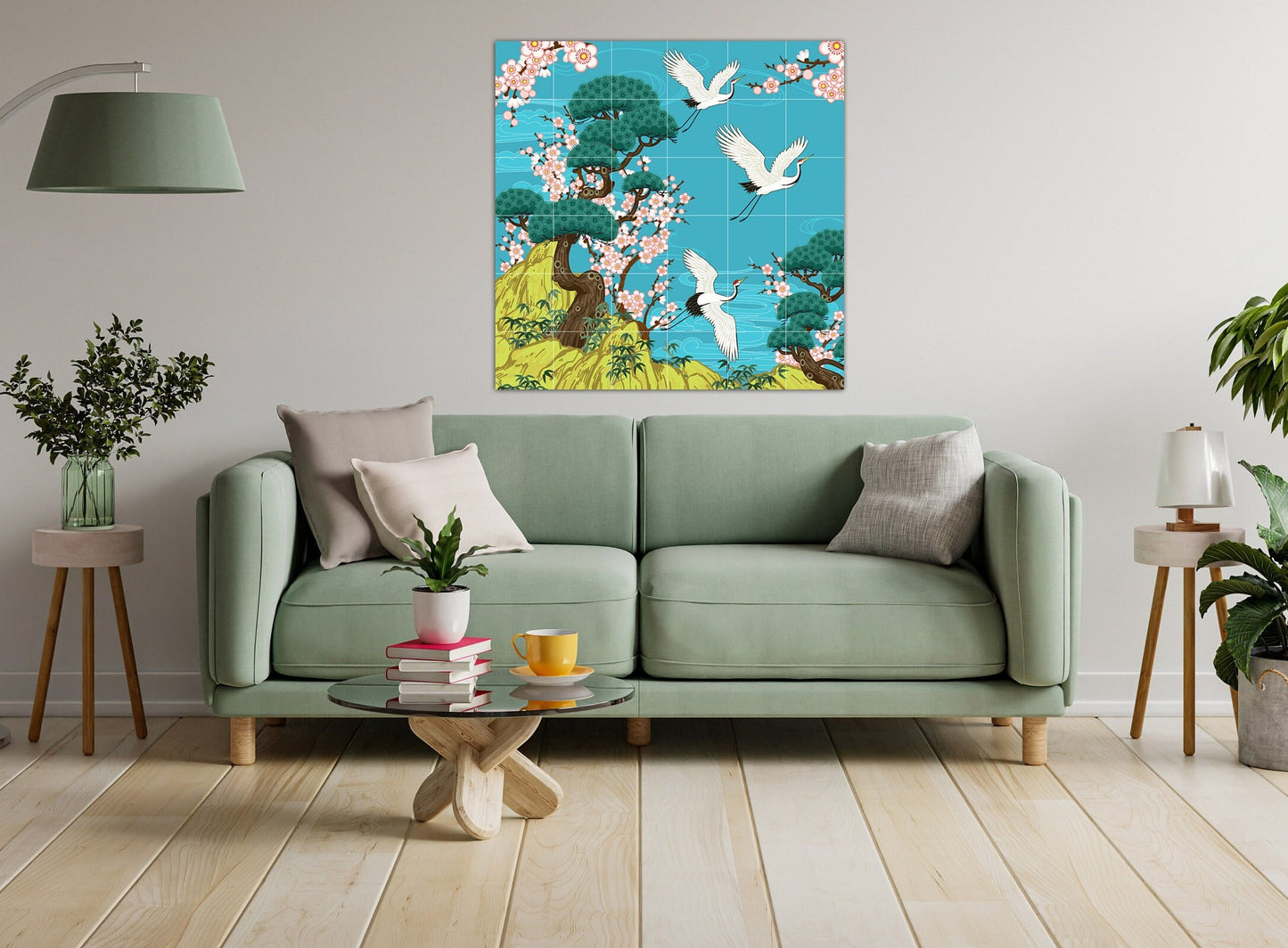 Tile Mural/Mosaic Ceramic Panel of Japanese Cranes - Japanese Cranes wall print - Cranes wall print Tile Mural - Gloss Tiles - Tile Mosaic
