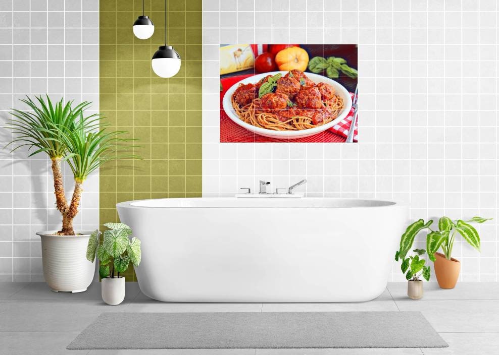 Tile Mural/Mosaic Ceramic Panel of Spaghetti with Meatballs - Italian food print - Food Wall Art - Tile Mural - Gloss Tiles - Tile Mosaic