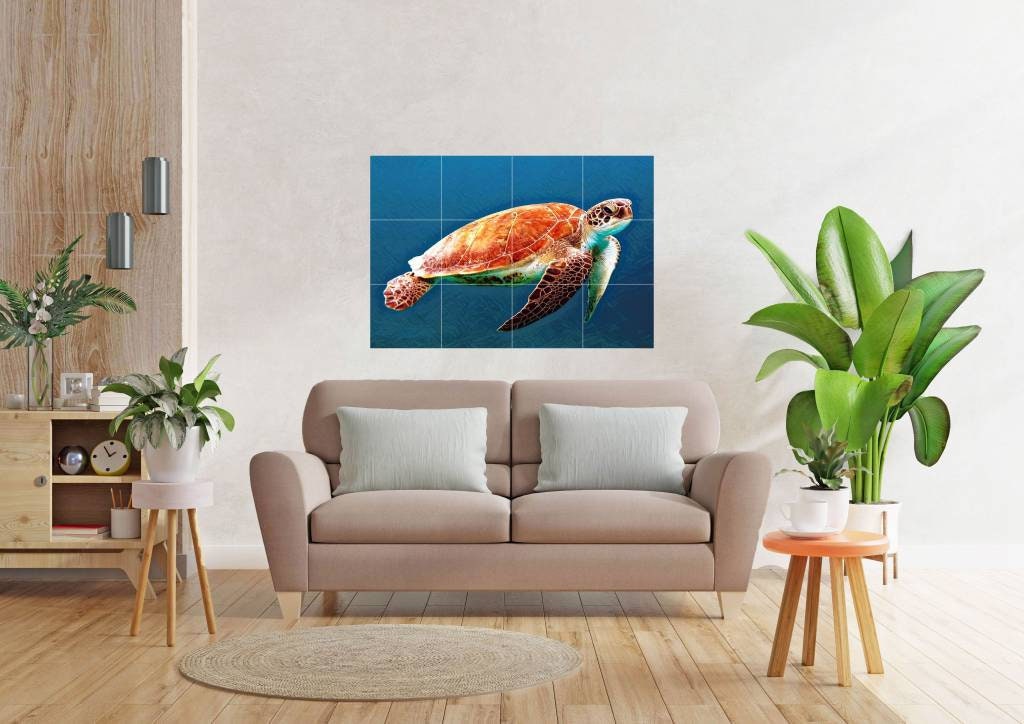 Tile Mural/Mosaic Ceramic Panel of a Sea Turtle in the Ocean - Colourful Wall Nature Art - Tile Mural - Gloss Tiles - Tile Mosaic