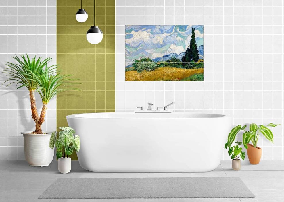 Tile Mural/Mosaic Ceramic Panel of Van Gogh Wheat Field with Cypresses - Van Gogh wall print - Tile Mural - Gloss Tiles - Tile Mosaic
