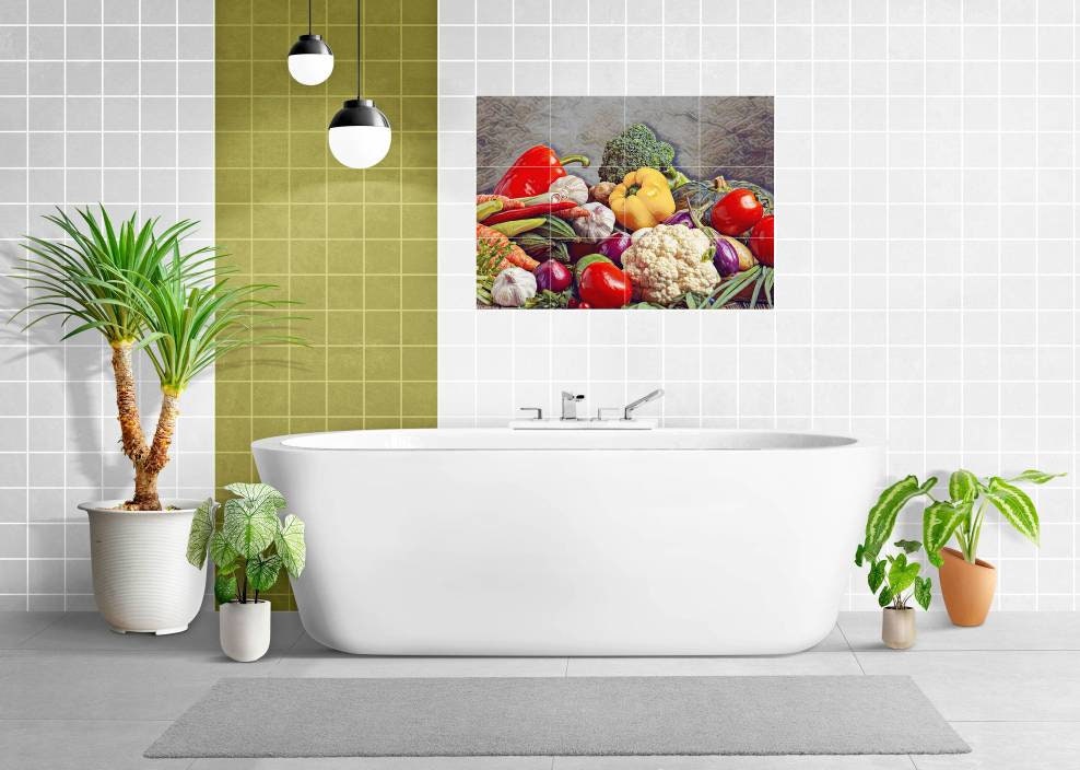 Tile Mural/Mosaic Ceramic Panel of Vegetables board, Garlic, Zucchini, Peppers - Colorful Wall Art - Tile Mural - Gloss Tiles - Tile Mosaic