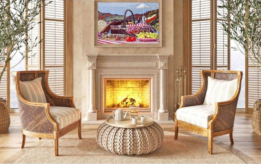 Tile Mural/Mosaic Ceramic Panel of a Wine, bread and fruit basket - Food Wall Art - Fruit wall print- Tile Mural - Gloss Tiles - Tile Mosaic