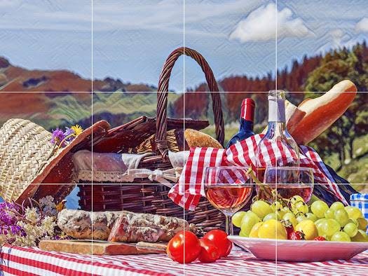 Tile Mural/Mosaic Ceramic Panel of a Wine, bread and fruit basket - Food Wall Art - Fruit wall print- Tile Mural - Gloss Tiles - Tile Mosaic