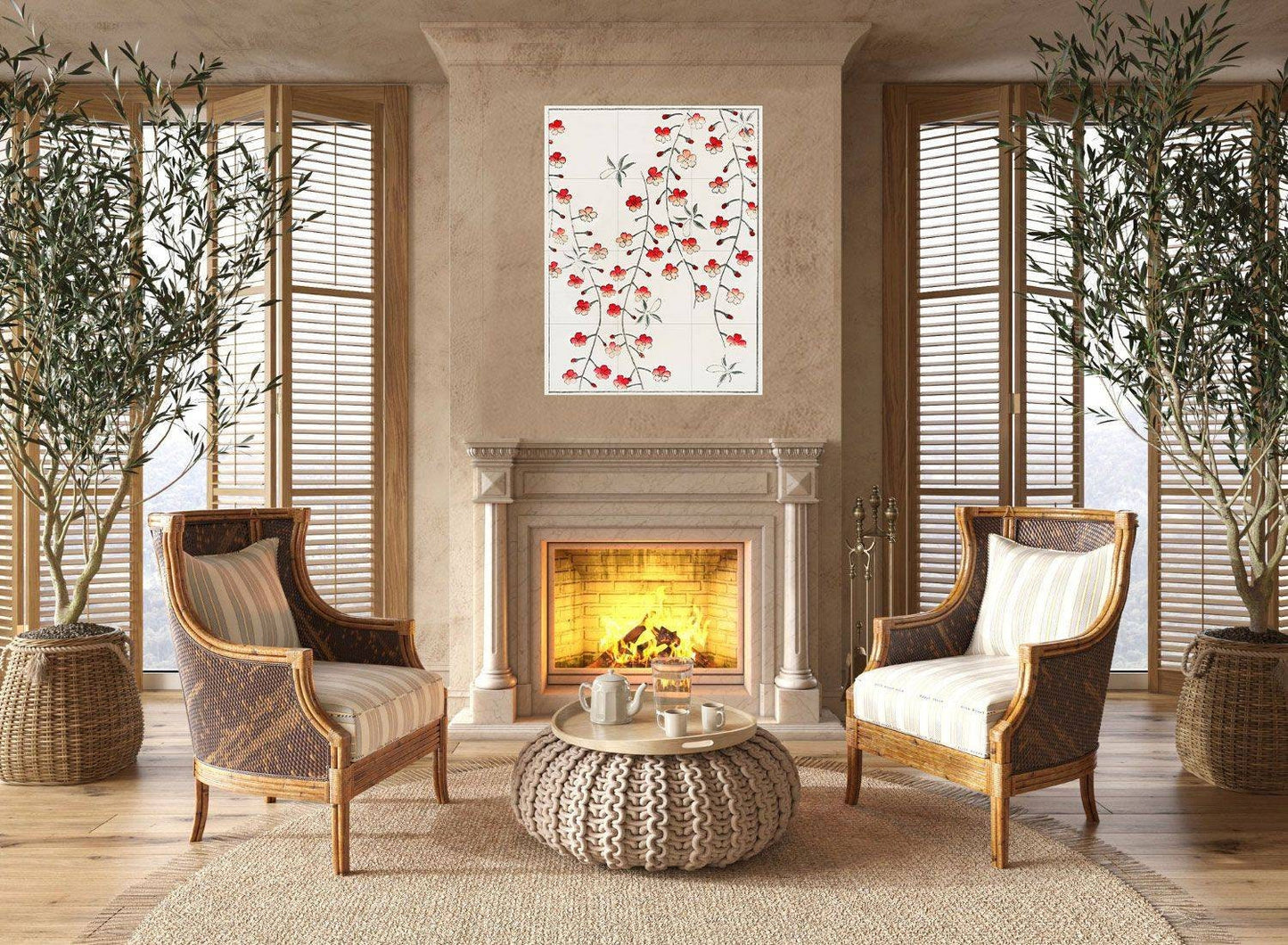 Tile Mural/Mosaic Ceramic Panel of Cherry Blossom - Bijutsu Sekai - Sakura Print - Flower Mural - Japanese Mural - Gloss Tiles - Tile Mosaic