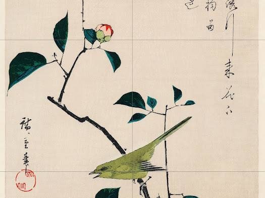 Tile Mural/Mosaic Ceramic Panel of Utagawa Hiroshige Camellia and Nightingale - Bird Mural Art -Japanese print - Gloss Tiles - Tile Mosaic